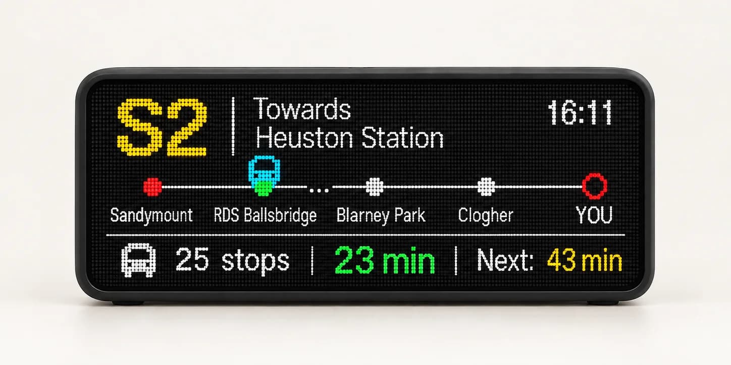 Front view of the discrete RGB LED matrix with route, destination, stops remaining, arrival and next bus times