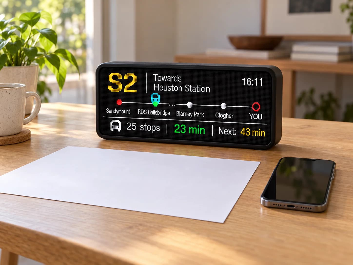 RideDot Home next to a phone and A4 sheet to illustrate its approximately 26.6 by 13.8 cm size