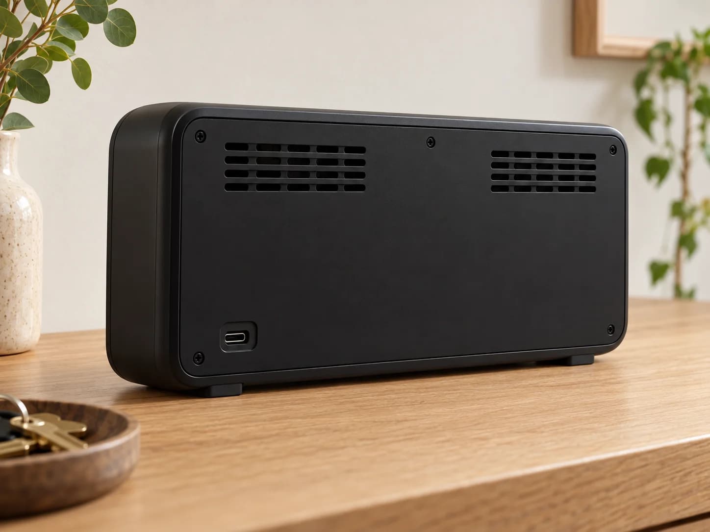 Concept enclosure rear with ventilation, USB-C power inlet and desk support